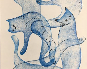 Six Blue Ghost Cats Original Art hand printed linocut