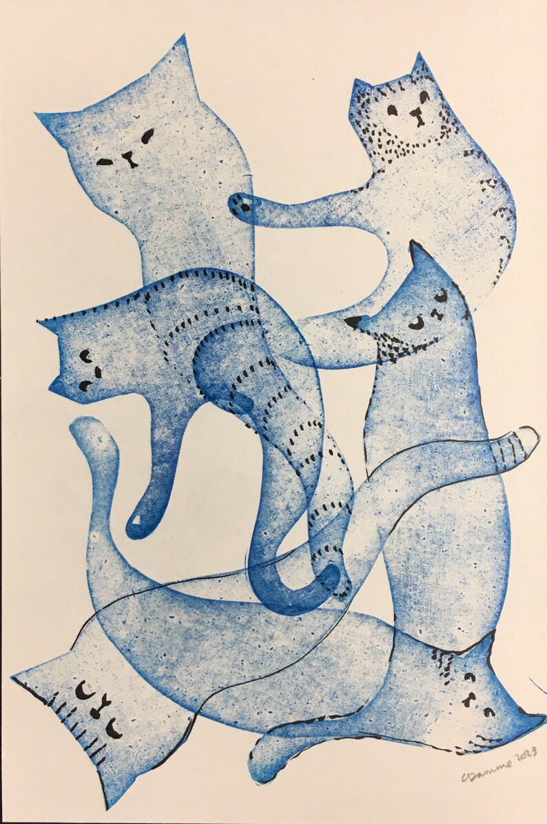 Six Blue Ghost Cats Original Art hand printed linocut image 1