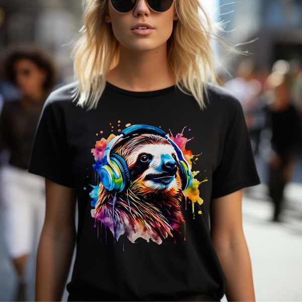 Sloth Headphone T-shirt | Colorful Music Lover Sloth Shirt | Artistic Animal Apparel | Unique Gift for Sloth Lovers | Heavy Cotton Tee