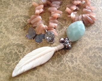 Flight Amazonite and Bone Feather Necklace