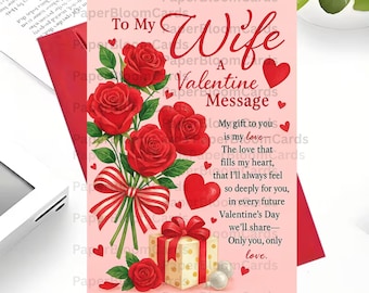 Romantic Red Roses Greeting Card Elegant Heart Love Note Card for Wife with Envelope