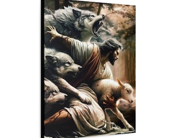 Jesus, Wolves & Sheep Canvas Art, Classic Christian Decor