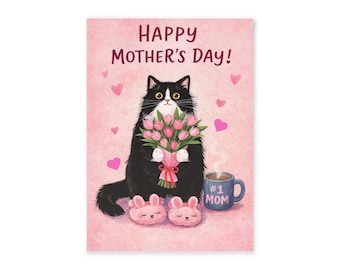 Cat Holding Flowers Mother's Day Card, Pet Lover Greeting Card (6.9" x 4.9")