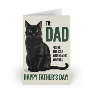 Carte de voeux drôle de fête des pères pour les papas avec chat noir en dessin animé avec message humoristique, parfaite pour les papas, cadeau de fête des pères avec chat