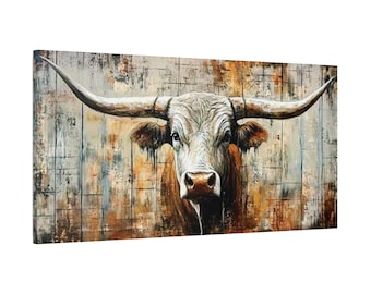 Longhorn Bull Canvas Painting, Rustic Western Wall Art