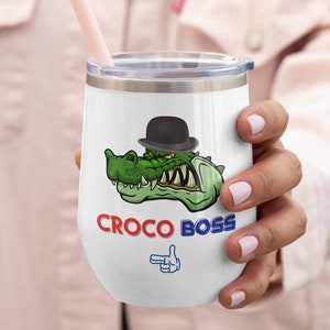 Vaso de vino Croco Boss personalizado - Taza térmica Croco líder de pandillas - Copa deportiva - Regalo amante del vino - Portavasos de coche - Vaso de playa