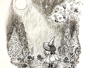 Moon child, 5x7 print of little witch