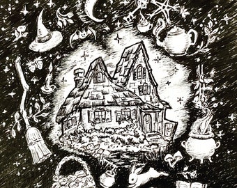 Hearth Witch 5x5 Print of ink drawing