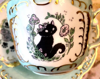 Pre Order Garden Visitors porcelain 8 oz tea cup and saucer black cat