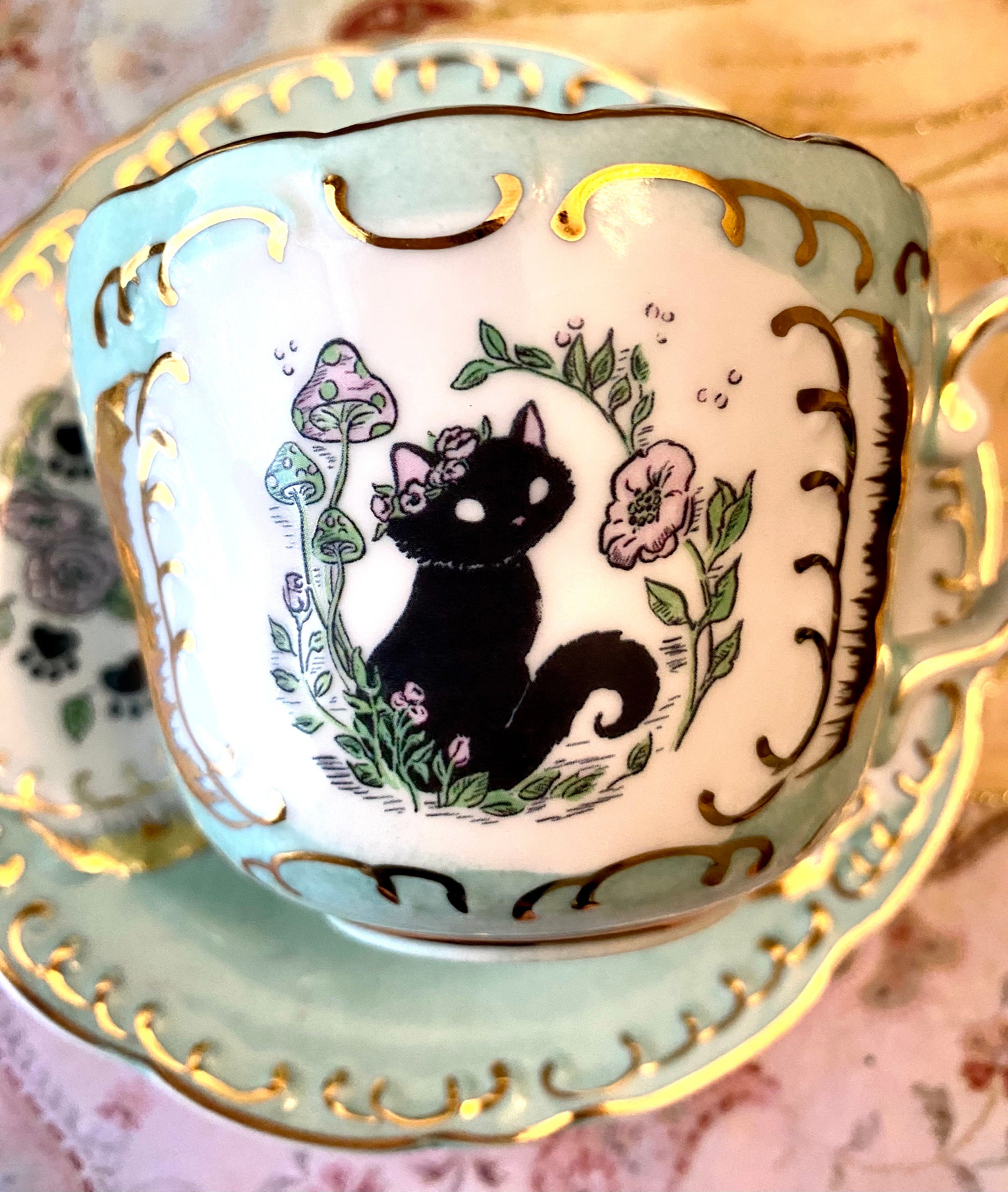 猫陶器 置物 かわいい丸い猫の形 陶器置物 グリーン系