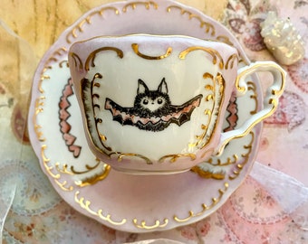 Paper Hearts, 5oz bat with hearts porcelain tea cup and saucer