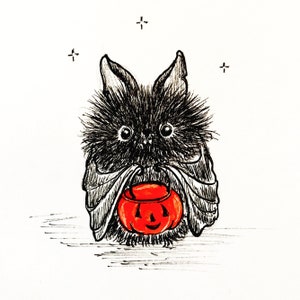 Chesters erster Halloween Druck der Tuschezeichnung Baby Fledermaus mit Kürbis Süßes oder Saures