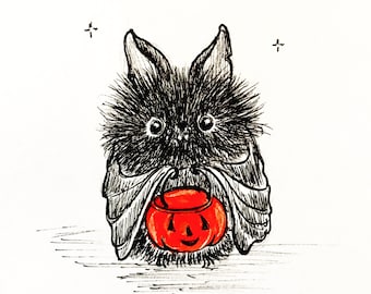 Chesters First Halloween Print of ink drawing baby bat with pumpkin trick or treating