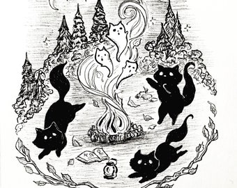 Campfire Tales 5x7 print Black cats and ghost kitties