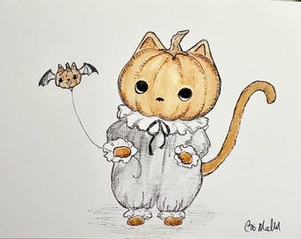Pumpkin Kitty with pet bat 5x7 print