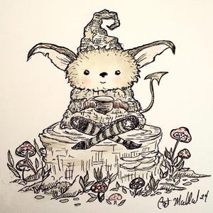 Goblin Acorn sitting on a tree stump 5x5 inch print