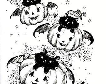 May include: A black and white illustration featuring three pumpkins with bat wings and smiling faces. Each pumpkin has a black cat perched on top. Stars and dots are scattered around the pumpkins, creating a whimsical Halloween theme.