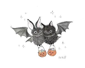 May include: Two black bats with fuzzy bodies and wings are holding orange pumpkin pails filled with colorful candy. The bats are flying against a white background with sparkling stars.