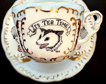 Pre Order! Possum Tea Time porcelain 8 oz tea cup and saucer