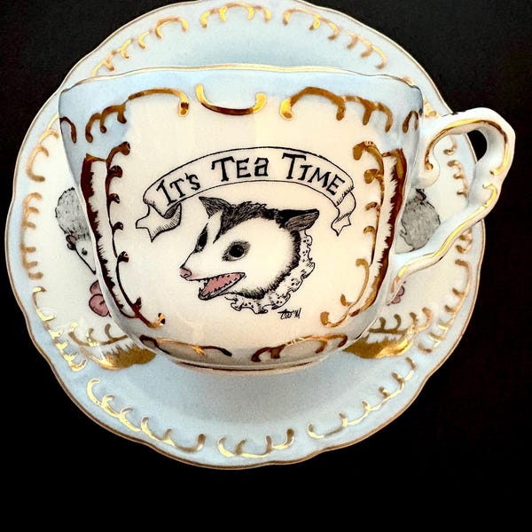 Pre Order! Possum Tea Time porcelain 8 oz tea cup and saucer