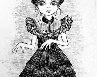 May include: A monochrome pencil sketch depicting a young person in a tiered dress with a ruffled collar. The artwork has a gothic style, with emphasis on the character's large eyes and dark hair. The illustration is reminiscent of a vintage drawing.
