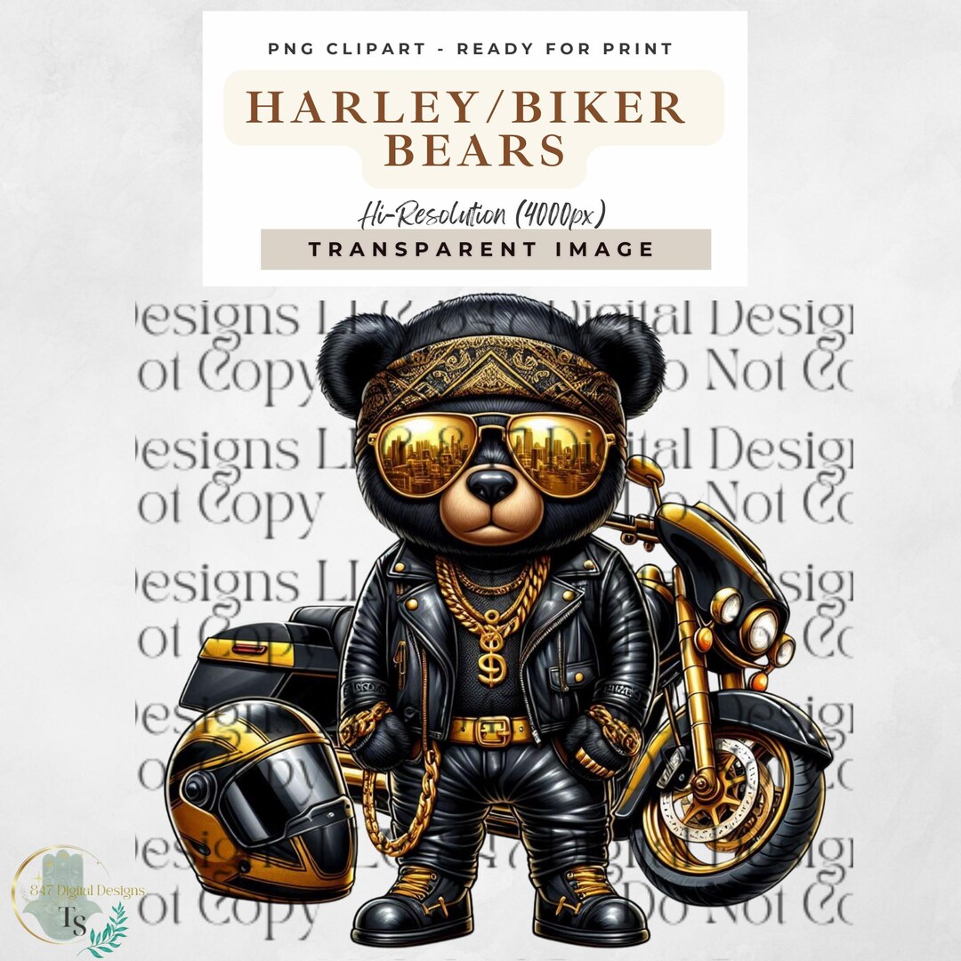 Black and Gold Harley Bear | Biker Bear | Motorcycle Rider PNG | Biker ...