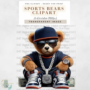 Sports Bear | Football Teddy Bear | Hip Hop Bear | Sunday Football PNG | T-Shirt Game Day Design | Spirit Football Season | Sublimation PNG