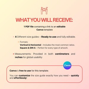 K&ouml;nnte beinhalten: Eine digitale Illustration von zwei Personen, die ein Paket halten, mit dem Text "WHAT YOU WILL RECEIVE:" dar&uuml;ber und einer Beschreibung des Produkts darunter. Das Produkt ist eine PDF-Datei, die einen Link zu einer editierbaren Canva-Vorlage mit vier verschiedenen Gr&ouml;&szlig;enleitf&auml;den enth&auml;lt, die gebrauchsfertig und vollst&auml;ndig editierbar sind. Die Leitf&auml;den umfassen vertikale und horizontale Formate sowie quadratische und DIN A-Formate. Die Ma&szlig;e werden sowohl in Zentimetern als auch in Zoll angegeben.