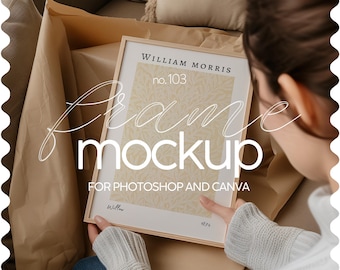 May include: A person holding a wooden frame mockup with a floral pattern and the text "WILLIAM MORRIS no. 103" inside. The text "frame mockup for photoshop and canva" is printed below the image.