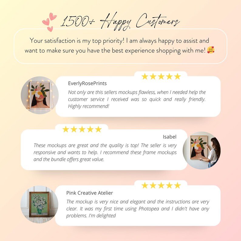 以下が含まれることがあります： 「1500+ Happy Customers」のテキストと顧客のレビューが記載されたグラフィック。レビューには星評価と製品品質とカスタマーサービスに関するコメントが含まれています。背景はピンクとイエローのグラデーションです。