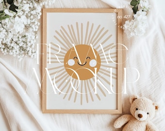 Thin wood frame mockup for nursery, Din A frame template for nursery, Flatlay mockup with Iso A ratio, Boho nursery frame mockup, PSD & PNG