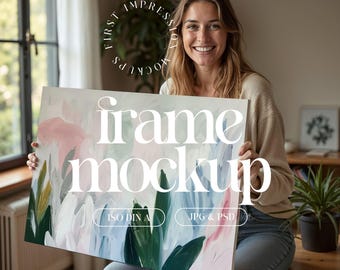 Landscape Canvas Mockup With Person, PSD Mockup With Horizontal Canvas, Person Holding Frame Mockup, Landscape Mockup Canvas, Artwork Mockup