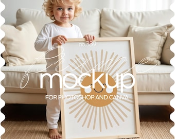 Frame Mockup For Nursery, Iso Din A Frame Mockup PSD & JPG Nursery Frame Mockup Template For Artwork Display, Kid Holding Frame Mockup