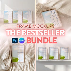 May include: A set of digital frame mockups featuring a simple landscape design with a blue sky, white clouds, and green hills. The mockups are perfect for showcasing artwork, photos, or designs. The text "FRAME MOCKUPS THE BESTSELLER BUNDLE" is displayed in red and white letters. The text "Ps Canva" is also displayed in the image.