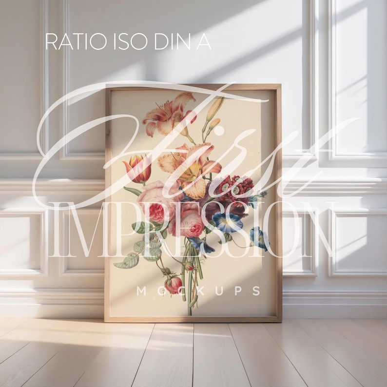 May include: A framed print of a vintage botanical illustration featuring a bouquet of pink, red, and yellow flowers with green leaves. The flowers are arranged in a vase and the background is a light cream color.