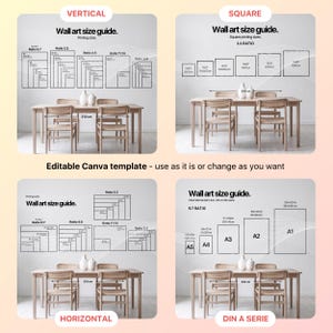 K&ouml;nnte beinhalten: Ein Leitfaden f&uuml;r g&auml;ngige Wandbildgr&ouml;&szlig;en mit Beispielen, wie sie in einem Esszimmer aussehen w&uuml;rden. Der Leitfaden umfasst sowohl vertikale als auch horizontale Ausrichtungen sowie quadratische und DIN A-Gr&ouml;&szlig;en. Der Text enth&auml;lt die Verh&auml;ltnisse der verschiedenen Gr&ouml;&szlig;en sowie die Ma&szlig;e in Zentimetern.