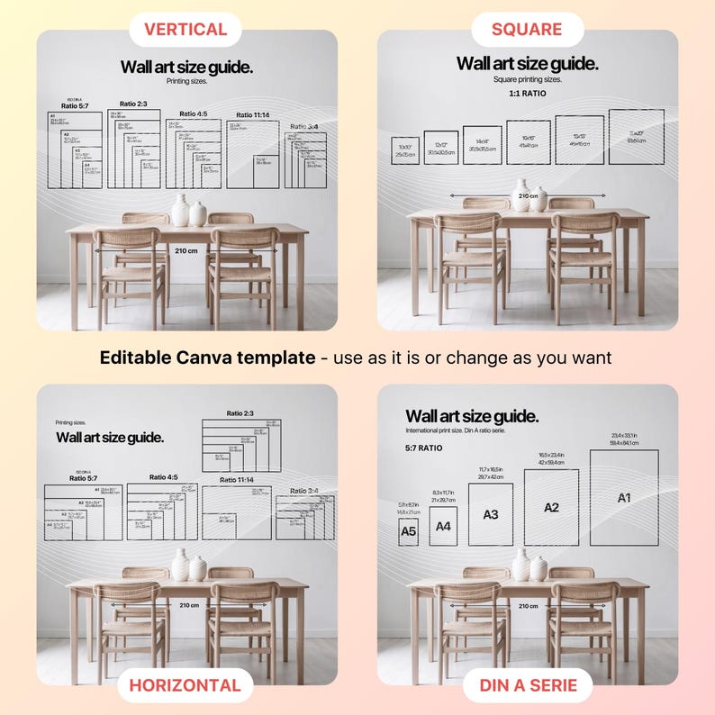 K&ouml;nnte beinhalten: Ein Leitfaden f&uuml;r g&auml;ngige Wandbildgr&ouml;&szlig;en mit Beispielen, wie sie in einem Esszimmer aussehen w&uuml;rden. Der Leitfaden umfasst sowohl vertikale als auch horizontale Ausrichtungen sowie quadratische und DIN A-Gr&ouml;&szlig;en. Der Text enth&auml;lt die Verh&auml;ltnisse der verschiedenen Gr&ouml;&szlig;en sowie die Ma&szlig;e in Zentimetern.