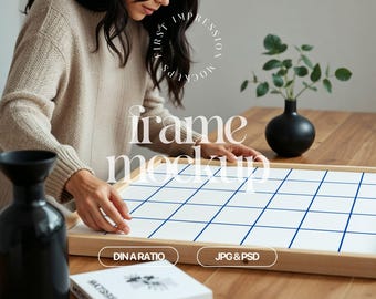 PSD Frame Mockup Art Display, Iso Din A Frame Mockup For Wall Art, Flatlay Mockup Frame With Person, Framed Art Template, Wall Art Template