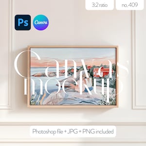 Framed canvas mock up with 3x2 ratio, Horizontal frame mockup template for artwork display, Wall frame mockup, Mockup with framed canvas PSD