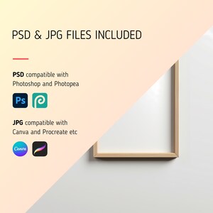 Puede incluir: Un marco de madera con interior blanco, sobre una pared blanca. La imagen incluye el texto: "PSD & JPG FILES INCLUDED". Tambi&eacute;n muestra compatibilidad con Photoshop, Photopea, Canva y Procreate.