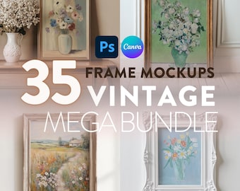 May include: A collection of four framed vintage art prints. The prints feature floral still lifes and landscape paintings. The image includes the text "35 Frame Mockups Vintage Mega Bundle", along with the logos for Photoshop and Canva.
