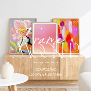 Set of 3 frames mockup in livingroom interior, Scandi interior frame mockup set of 3, Three wood frames mockup, Din a ratio frame tempate