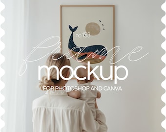 Nursery Frame Mockup Person, Din A Nursery Mockup With Mom And Baby, Thin Wood Frame Mockup Poster Presentation, Wall Art Mockup For Nursery