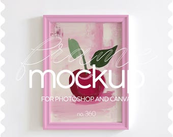 Puede incluir: Maqueta de marco rosa con una pintura de una cereza roja con un tallo y hojas verdes. El texto "frame mockup" está escrito en blanco en la imagen. El texto "for photoshop and canva" está escrito en blanco debajo de la pintura. El texto "no. 360" está escrito en blanco debajo del texto.