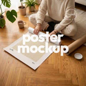 Maqueta de cartel enrollado con persona (PSD y JPG)