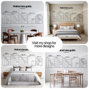 K&ouml;nnte beinhalten: Eine Collage aus vier Bildern, die verschiedene Gr&ouml;&szlig;en von Wandbildern in verschiedenen R&auml;umen zeigen. Die Bilder zeigen ein Esszimmer, ein Schlafzimmer und ein Wohnzimmer. Der Text auf den Bildern lautet "Wandbildgr&ouml;&szlig;en-Guide. Druckgr&ouml;&szlig;en." und "Besuchen Sie meinen Shop f&uuml;r weitere Designs".