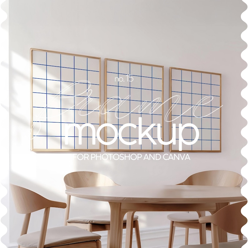 May include: Three gold framed pictures with a blue grid pattern on a white wall in a room with a wooden table and chairs. The text "Frame Mockup for Photoshop and Canva" is below the pictures.
