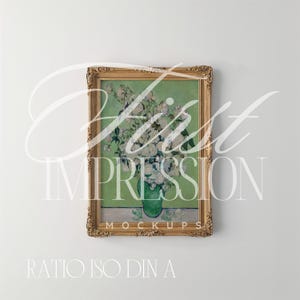 May include: A framed art print featuring a floral still life in a green vase. The artwork is set against a green background and framed in an ornate gold frame. The text "First Impression" is overlaid on the image.