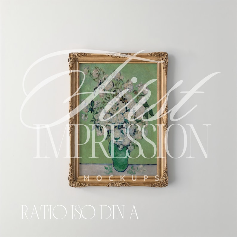 May include: A framed art print featuring a floral still life in a green vase. The artwork is set against a green background and framed in an ornate gold frame. The text "First Impression" is overlaid on the image.