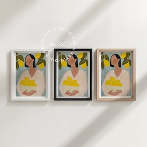 May include: Three framed illustrations of a woman holding a bowl of lemons. The woman is wearing a pink shirt and has dark hair. The background is a blue-green color with yellow lemons on branches.